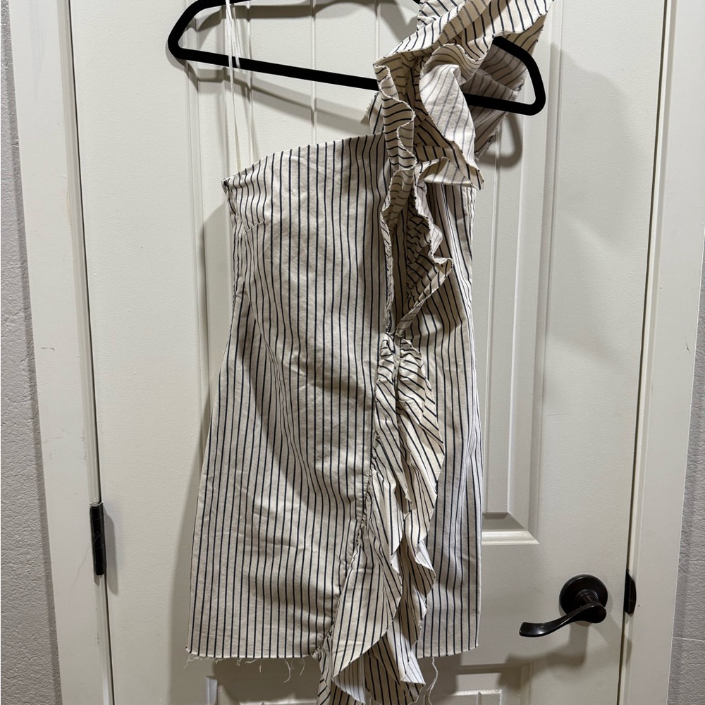 Zara Navy and White Striped Ruffle Top